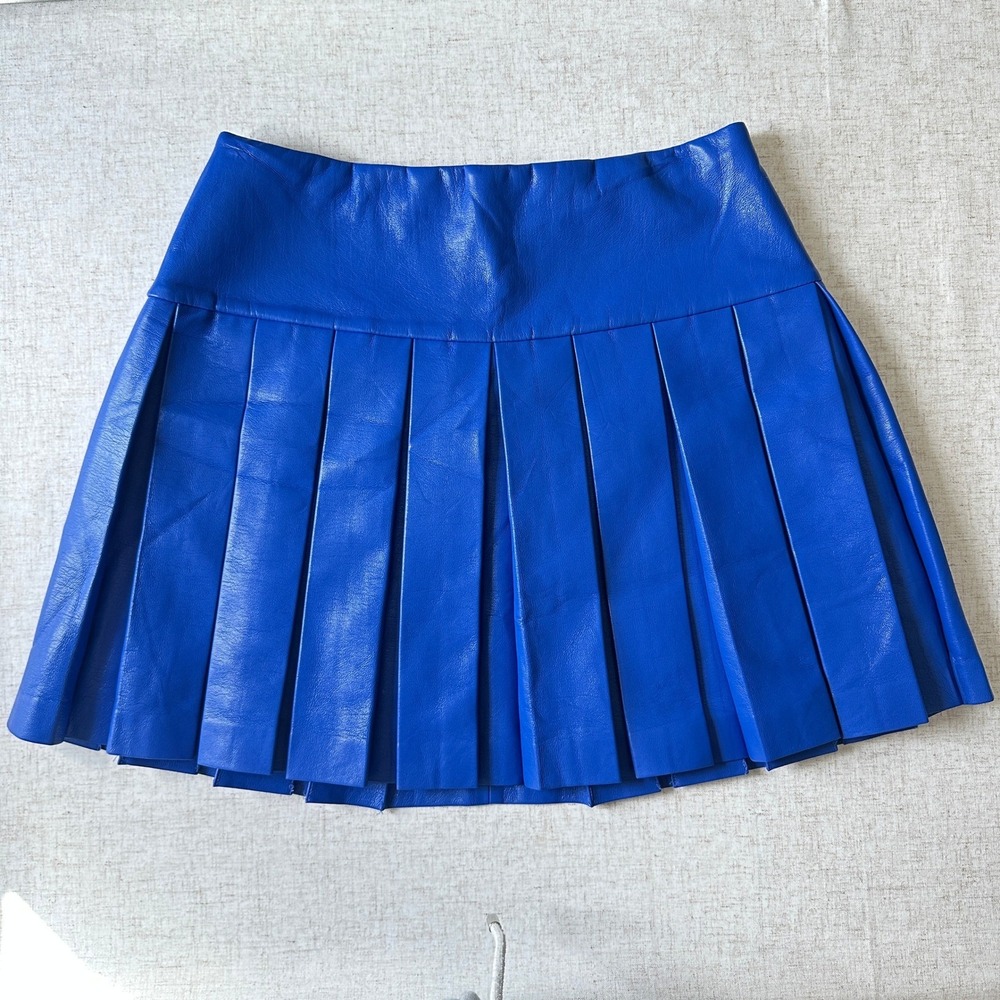 Alice + Olivia Emilie Vegan Leather Box Pleated Mini Skirt Size 6 | Royalty Blue - Picture 6 of 12